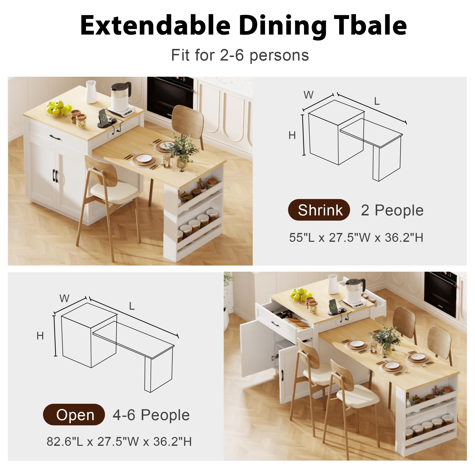 Amazon.com: Hlcodca Kitchen Island with Extendable Dining